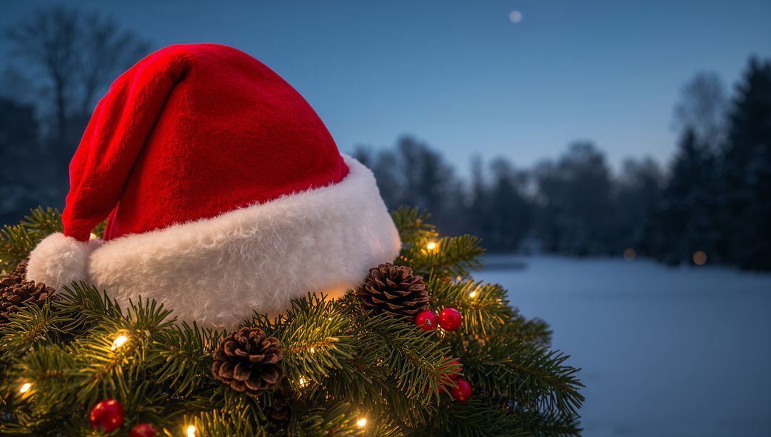 Resting Santa Hat on Evergreen Wreath with Pinecones and Lights at Snowy Twilight