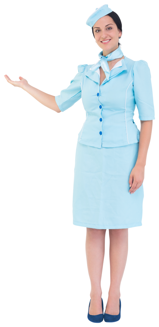 Smiling Air Hostess in Light Blue Uniform Offering Direction - Download Free Stock Images Pikwizard.com