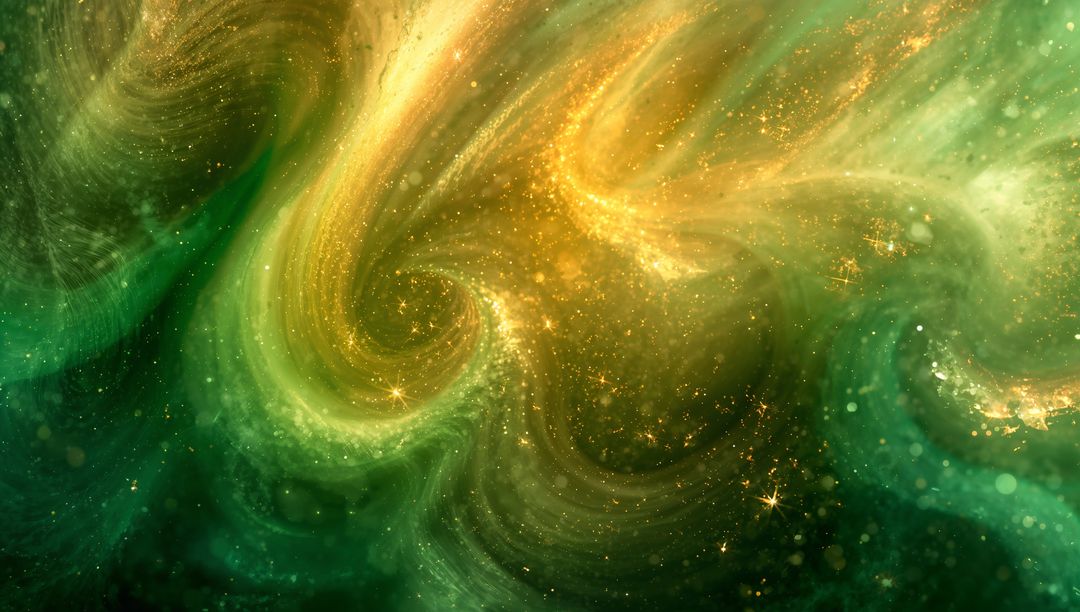 Emerald and Amber Spiral Nebula with Golden Star Clusters and Swirling Cosmic Vortex