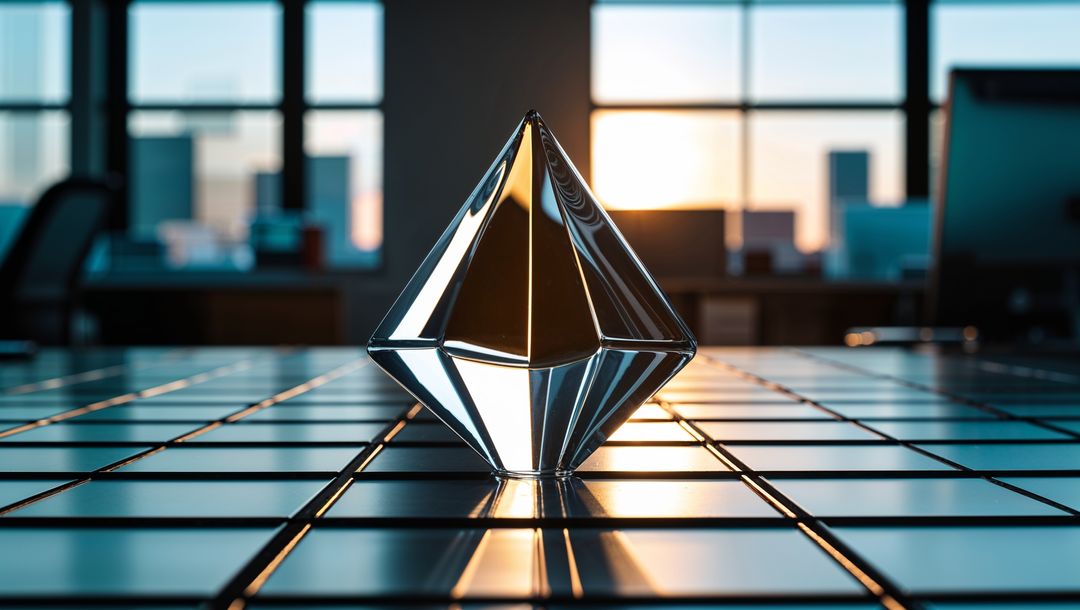 Crystal Sculpture Reflecting Sunlight on Office Table at Golden Hour