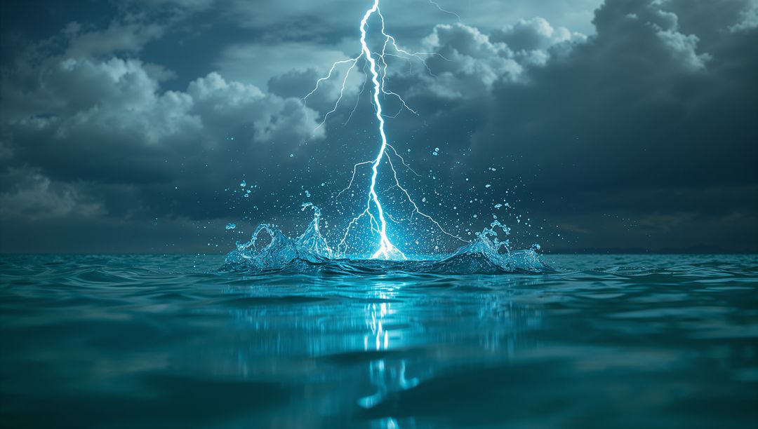 Powerful Lightning Bolt Striking Ocean during Intense Storm