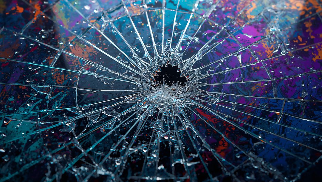 Shattering impact creating radial cracks and iridescent reflections on glass surface