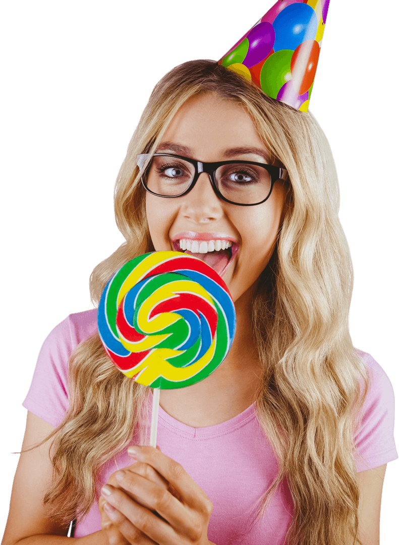 Happy Woman Holding Colorful Lollipop with Party Hat Transparent