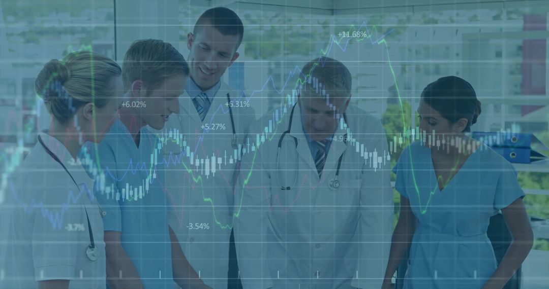 Medical Team Collaborating with Financial Trends Overlay