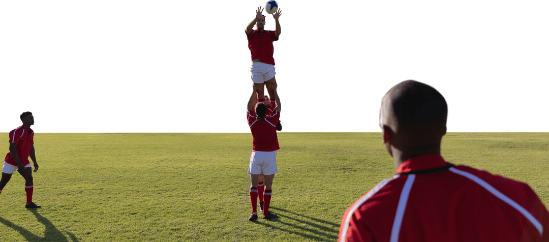 Male Rugby Player Catching Football in Action on Field Transparent