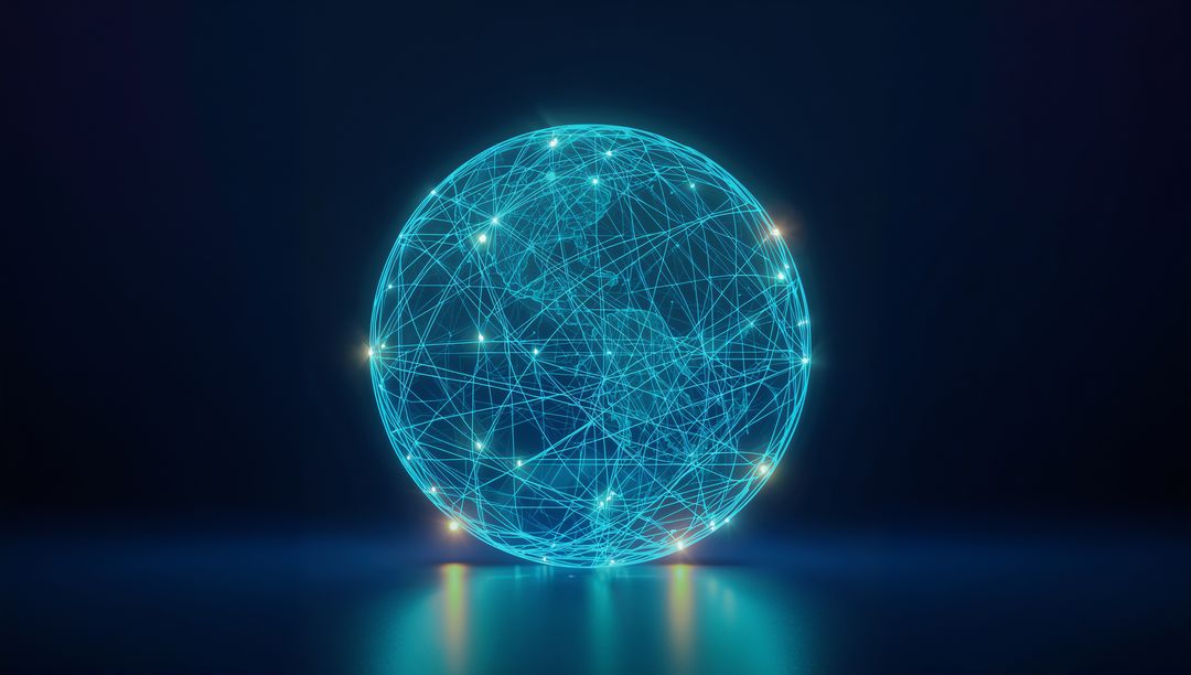 Glowing Digital Network Globe with Interconnected Nodes and Lines, Futuristic Data Sphere