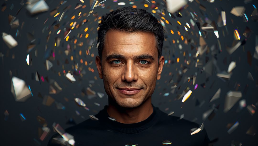 Man posing with reflective shards spiraling around face, dramatic low-key portrait