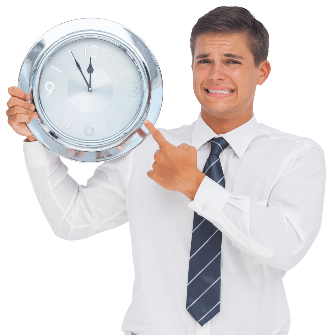 Anxious Businessman Pointing at Time on Transparent Clock