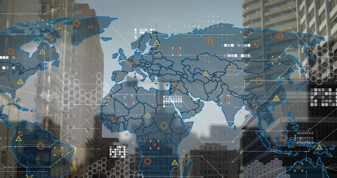 Cityscape with Digital World Map Highlighting Global Connectivity