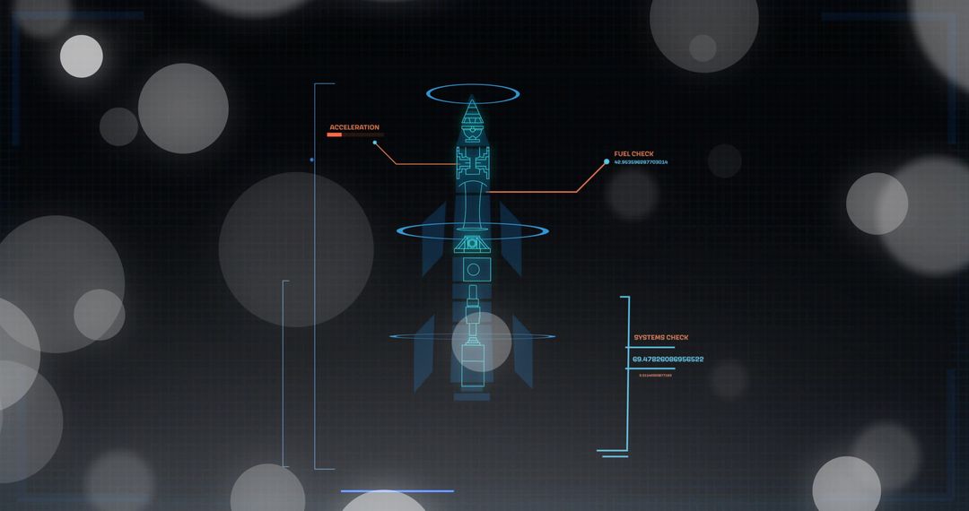 Futuristic HUD Rocket Schematic Displaying Multistage Blueprint and Diagnostics Readouts