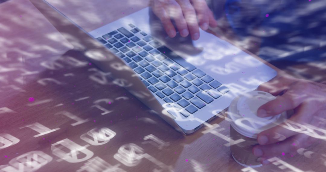 Person Typing on Laptop Overlaid with Binary Code Matrix