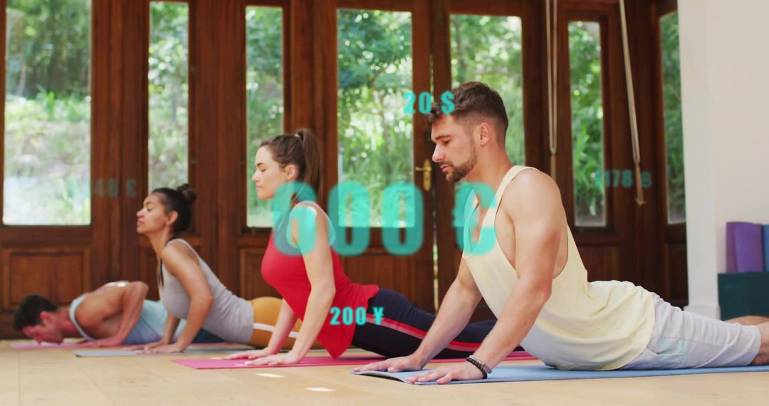 Group Practicing Upward Facing Dog In Yoga Studio