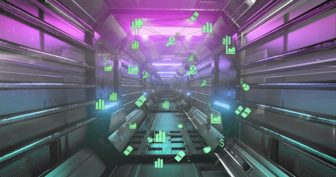 Futuristic Digital Interface with Business Icons and Tunnel