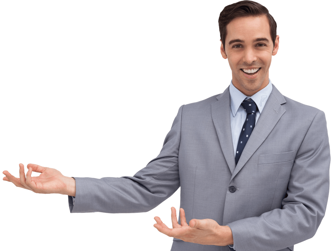 Smiling Businessman Presenting with Open Gesture on Transparent Background