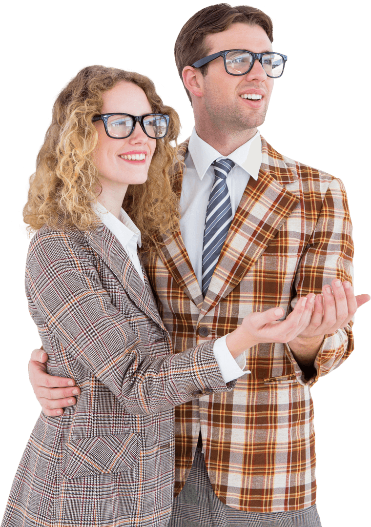 Geeky Couple Smiling in Plaid Blazers Transparent Background
