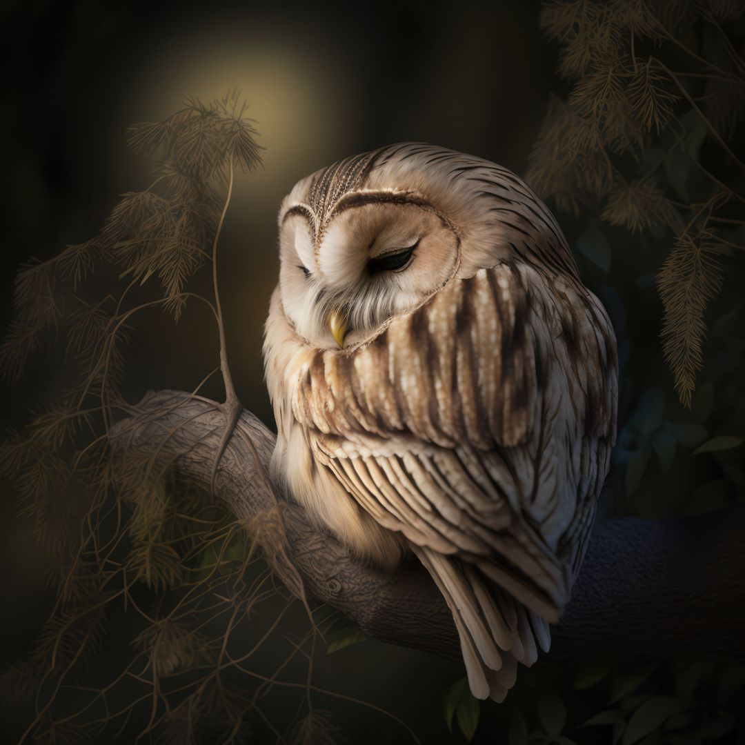 Close up of owl perched on tree branch, created using generative ai technology - Free Images, Stock Photos and Pictures on Pikwizard.com