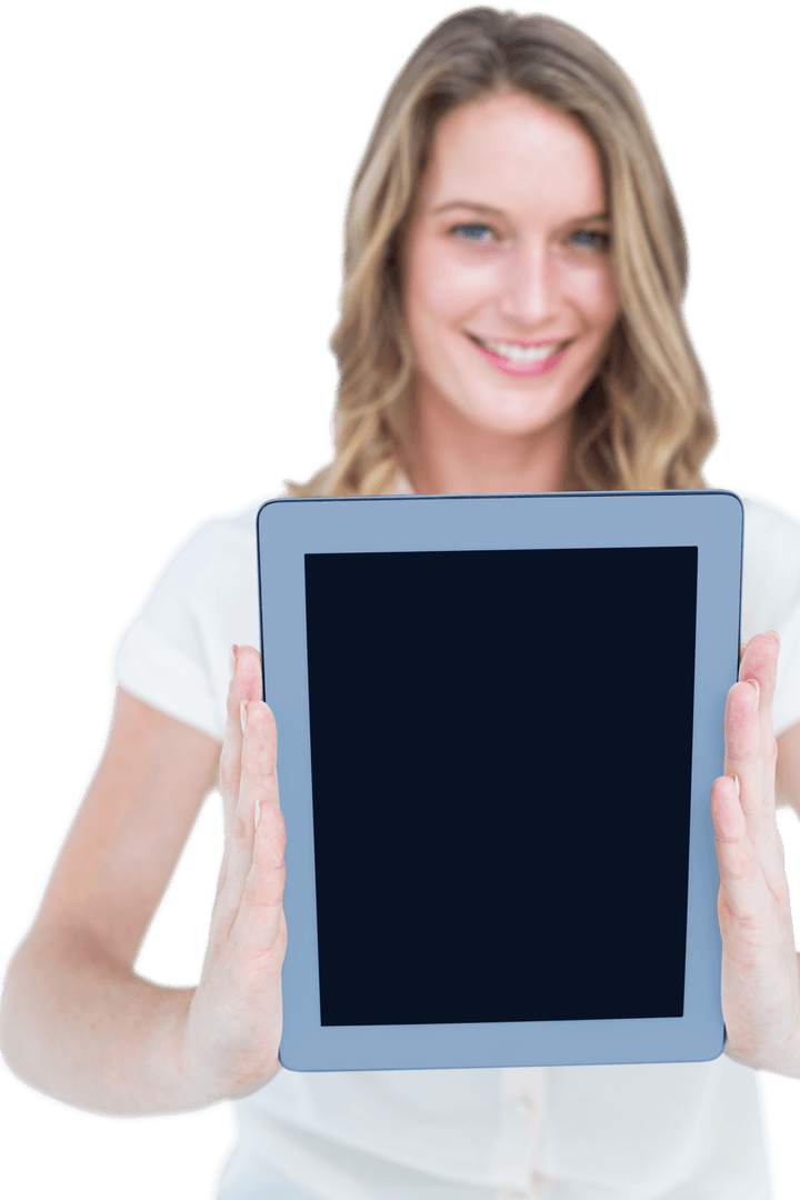 Smiling Woman Holding Blank Tablet On Transparent Background