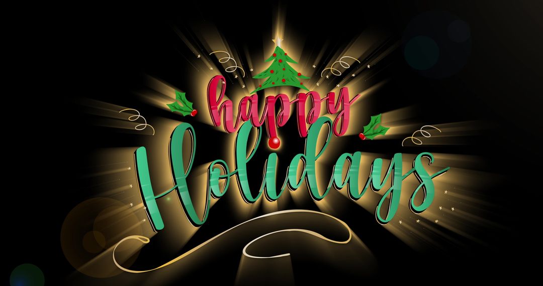 Festive Happy Holidays Text with Christmas Tree and Decorations