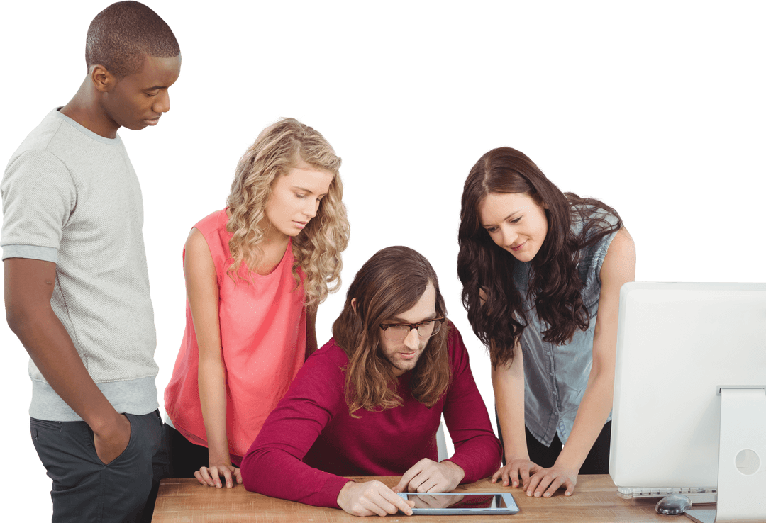 Team Collaboration Around Digital Tablet with Transparent Background