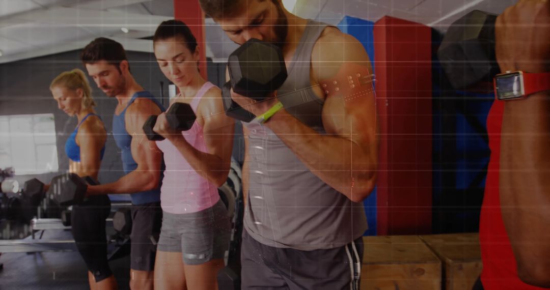 Group Working Out Using Dumbbells in Modern Gym Environment