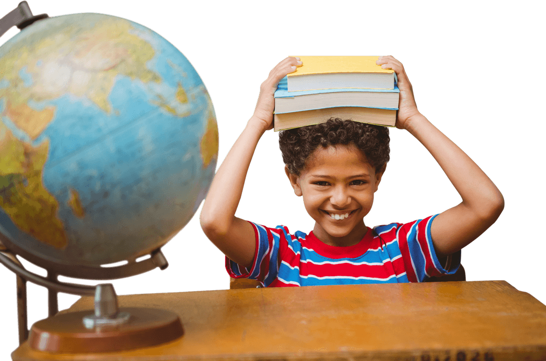Joyful Schoolboy Balancing Books and Transparent Globe Desk
