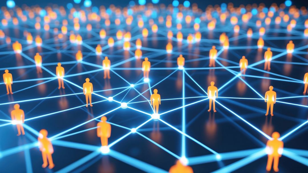 Digital Network with Lit Nodes and Orange Silhouettes