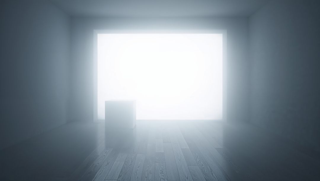Minimalist room flooding with overexposed backlight, solitary pedestal on wood floor
