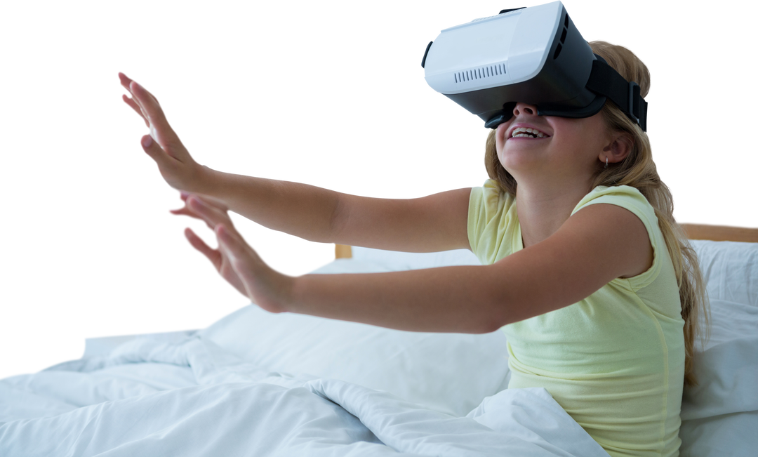 Young Girl Enjoying Virtual Reality in Transparent Setting on Bed - Download Free Stock Images Pikwizard.com