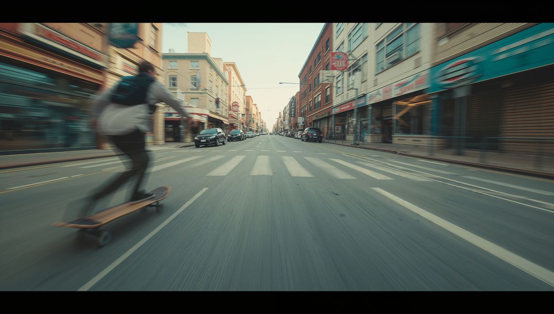 Energetic longboard ride in urban cityscape