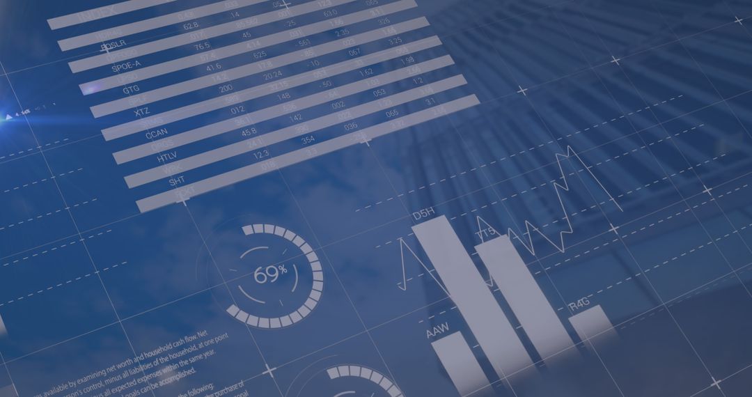 Digital Business Graphs Overlaid on Futuristic Building Background