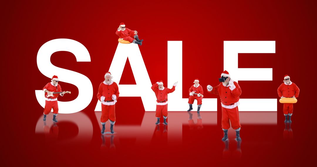 Santa Claus Figures Advertising Holiday Sale Against Red Background - Free Images, Stock Photos and Pictures on Pikwizard.com