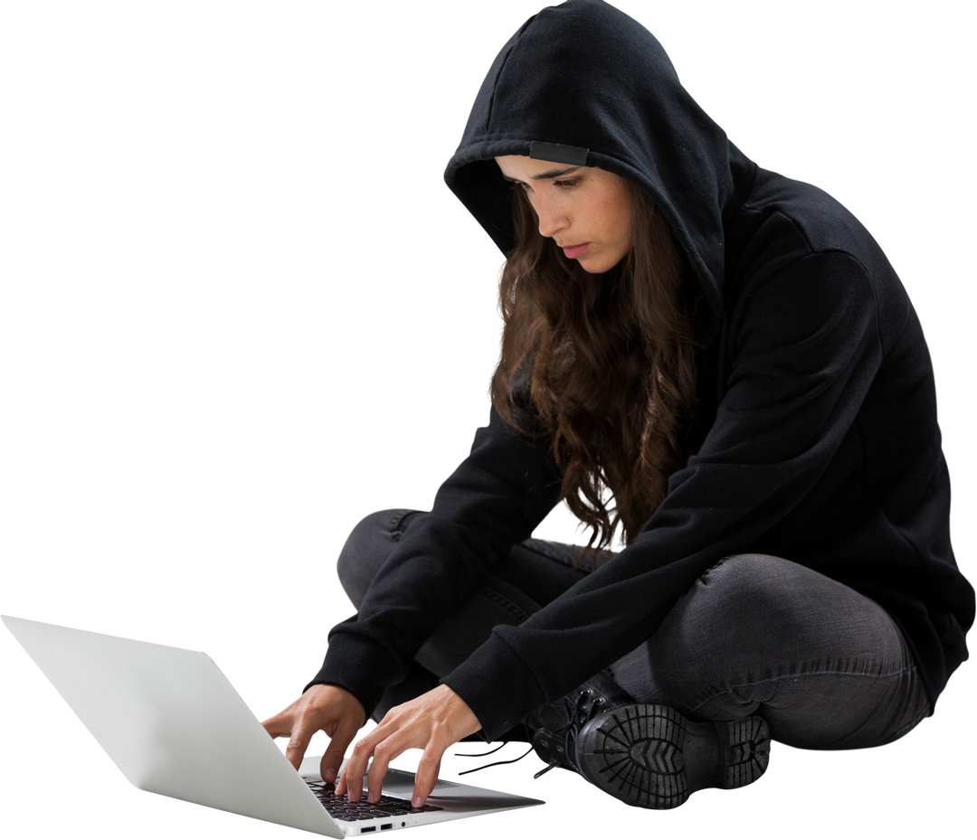 Female Hacker Sitting on Ground Using Laptop in Hood - Download Free Stock Images Pikwizard.com