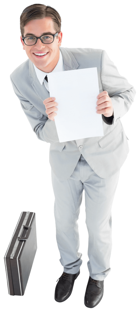 Geeky Businessman Holding Blank Paper Transparent