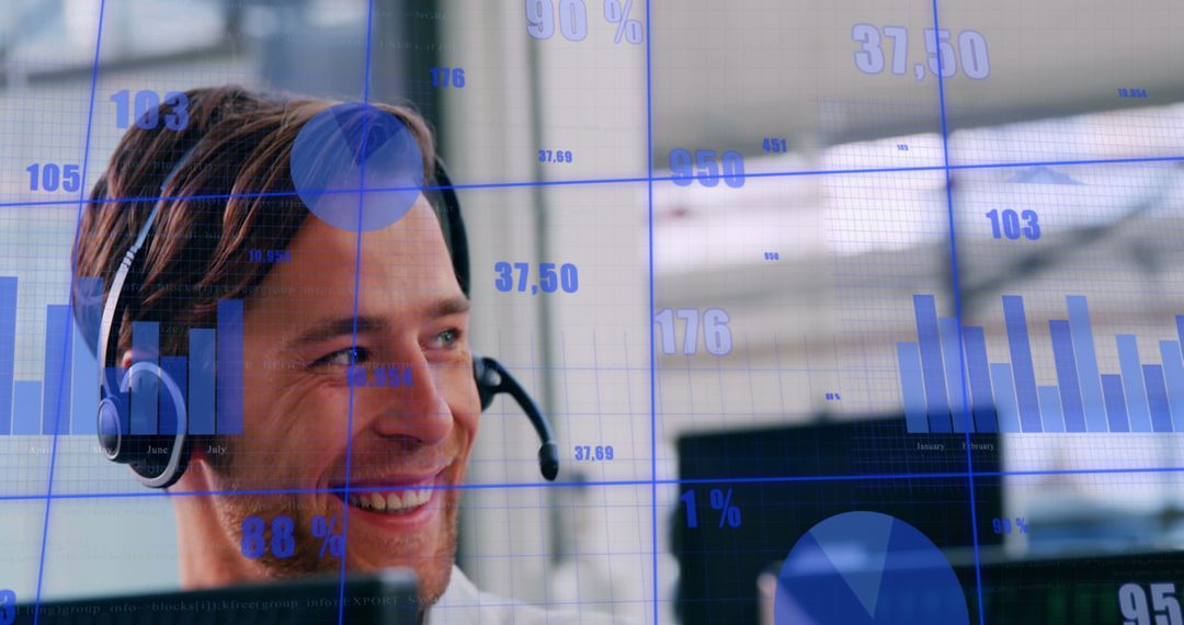 Smiling Professional with Headset Analyzing Data on Screens