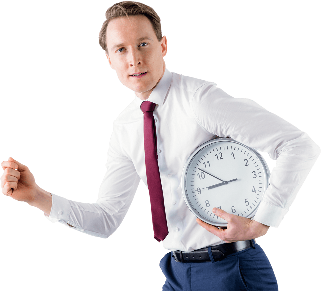 Caucasian Businessman Holding Clock Running Expressing Time Pressure