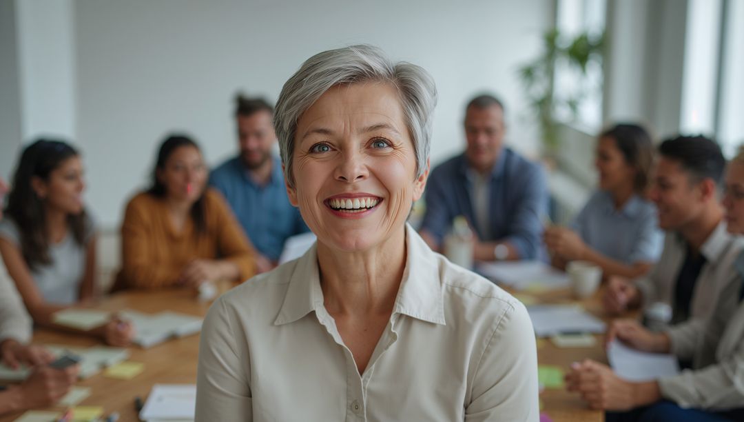 Senior Professional Smiling Leading Business Meeting with Team in Boardroom