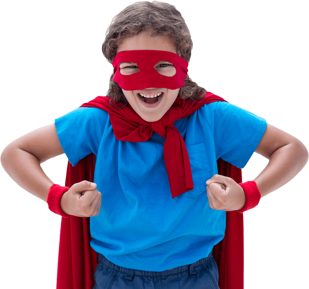 Transparent Joyful Boy in Red Cape and Mask Showing Strength