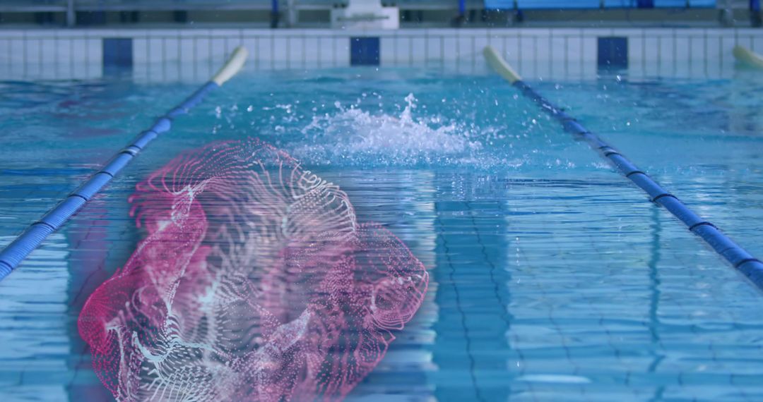 Dynamic Swimmer Cutting Through Pool Beneath Digital Mesh Art