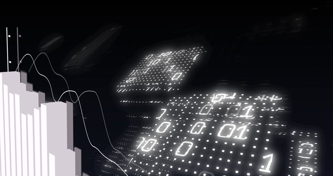 Digital Binary Data and Financial Graph on Black Background