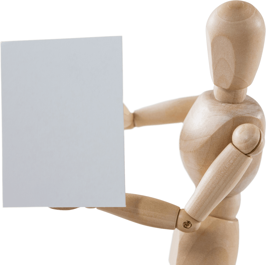 Wooden Mannequin Holding Transparent Blank Board for Copy Space