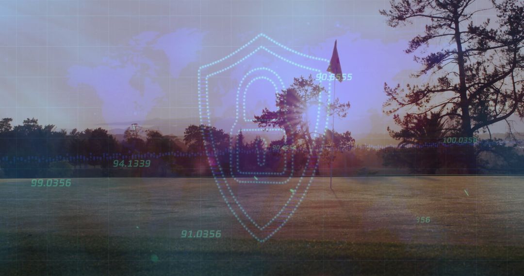 Digital Shield Overlay at Sunset on Grassy Field