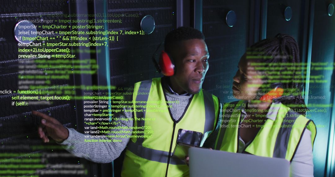 African American Engineers Managing Server Room with Data Green Coding Overlays