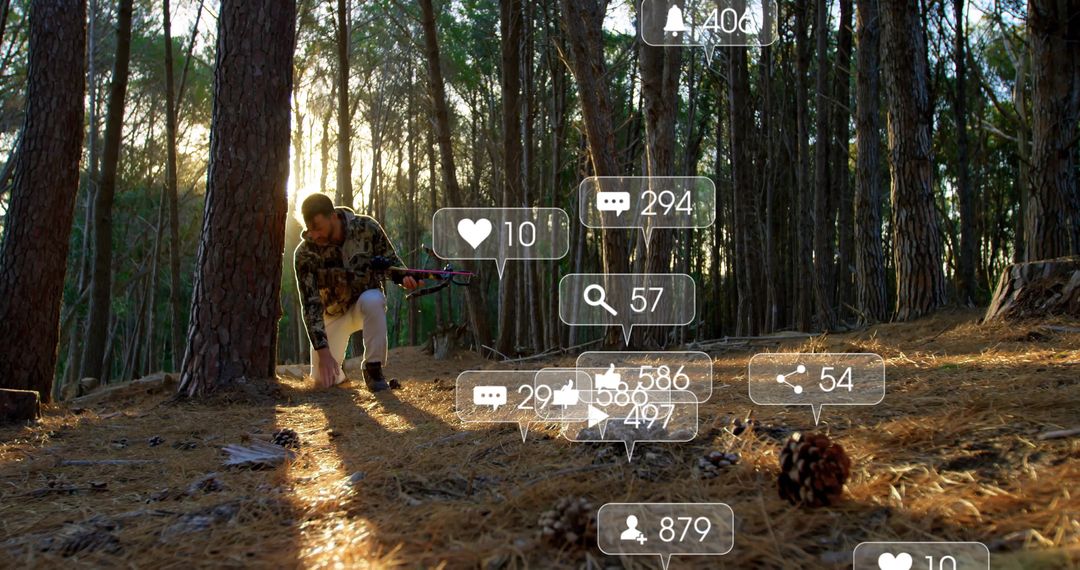 Man in Camo Crouching with Rifle in Pine Forest During Social Media Adventure