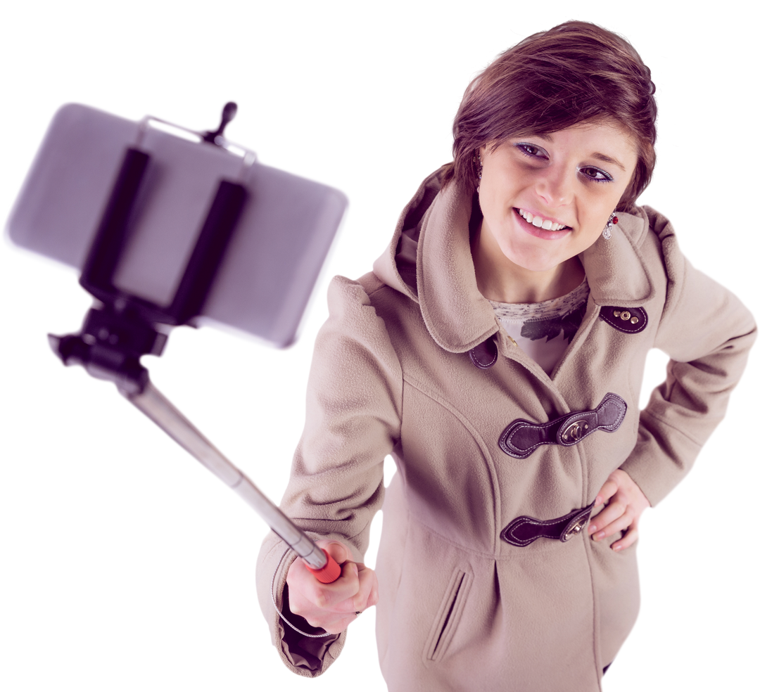 Smiling Woman Using Selfie Stick High Angle View Transparent - Download Free Stock Images Pikwizard.com