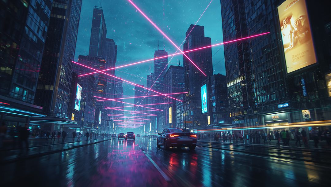 Futuristic Cityscape with Neon Lasers and Nighttime Reflections