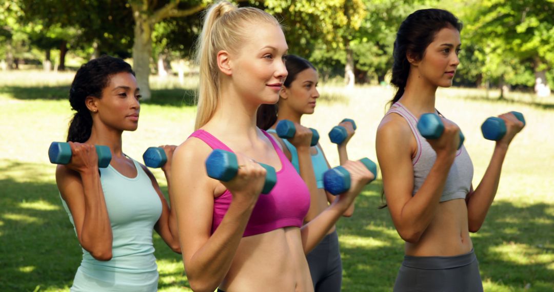 Fitness class lifting hand weights in unison on a sunny day - Free Images, Stock Photos and Pictures on Pikwizard.com