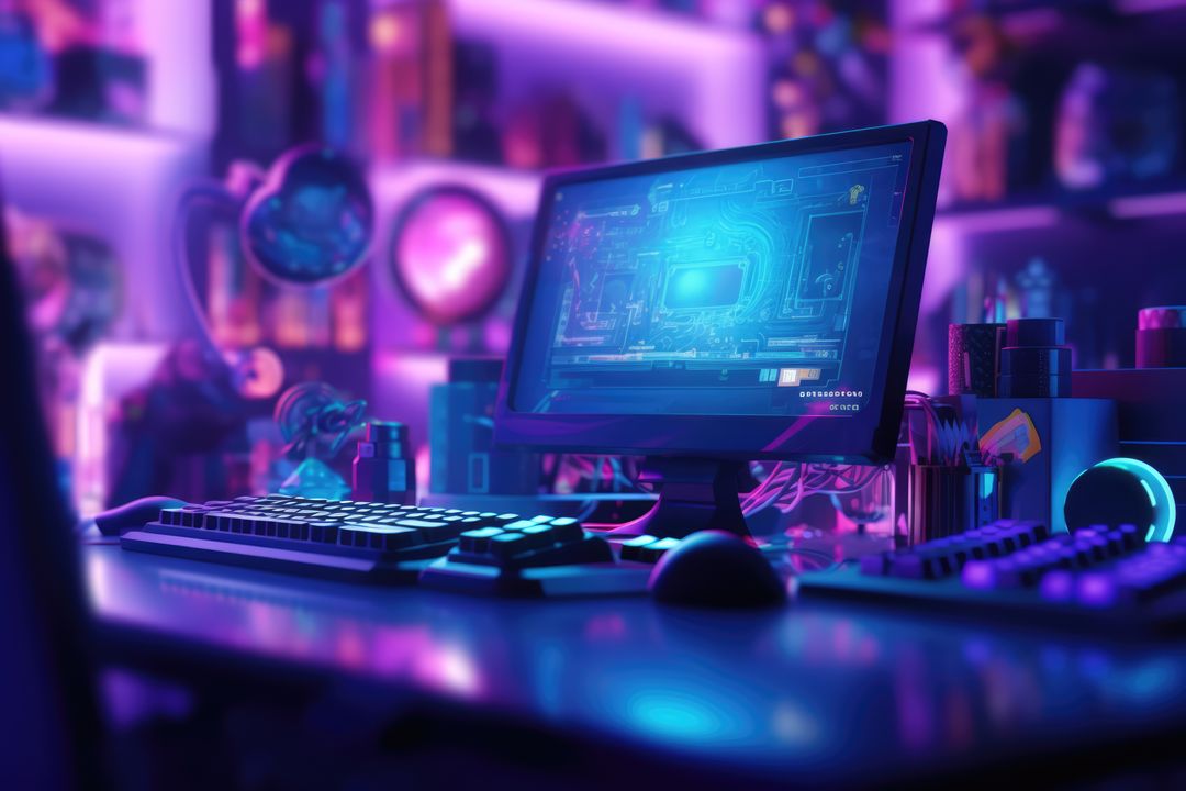 Futuristic Gaming Setup in Neon lit Room with Sci-Fi Aesthetic - Free Images, Stock Photos and Pictures on Pikwizard.com