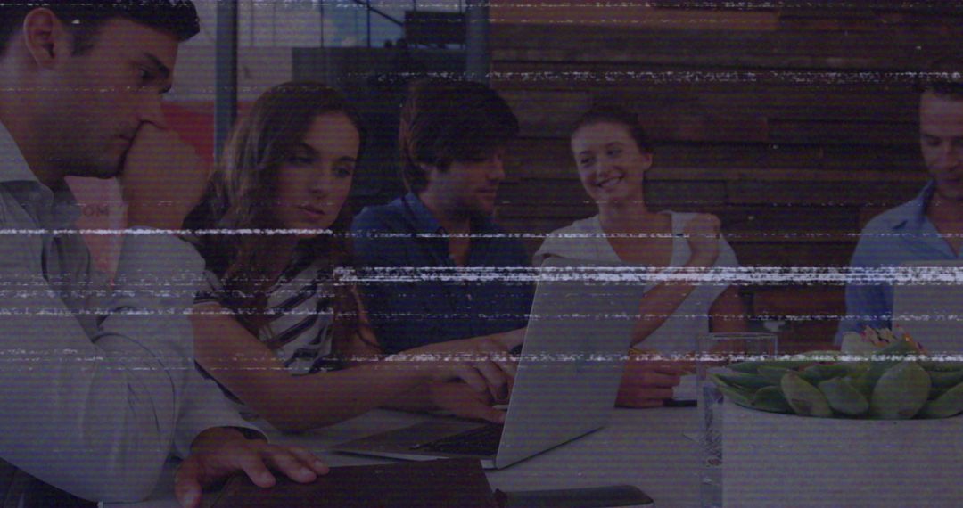 Creative Team Collaboration in Office with Digital Glitch Effect