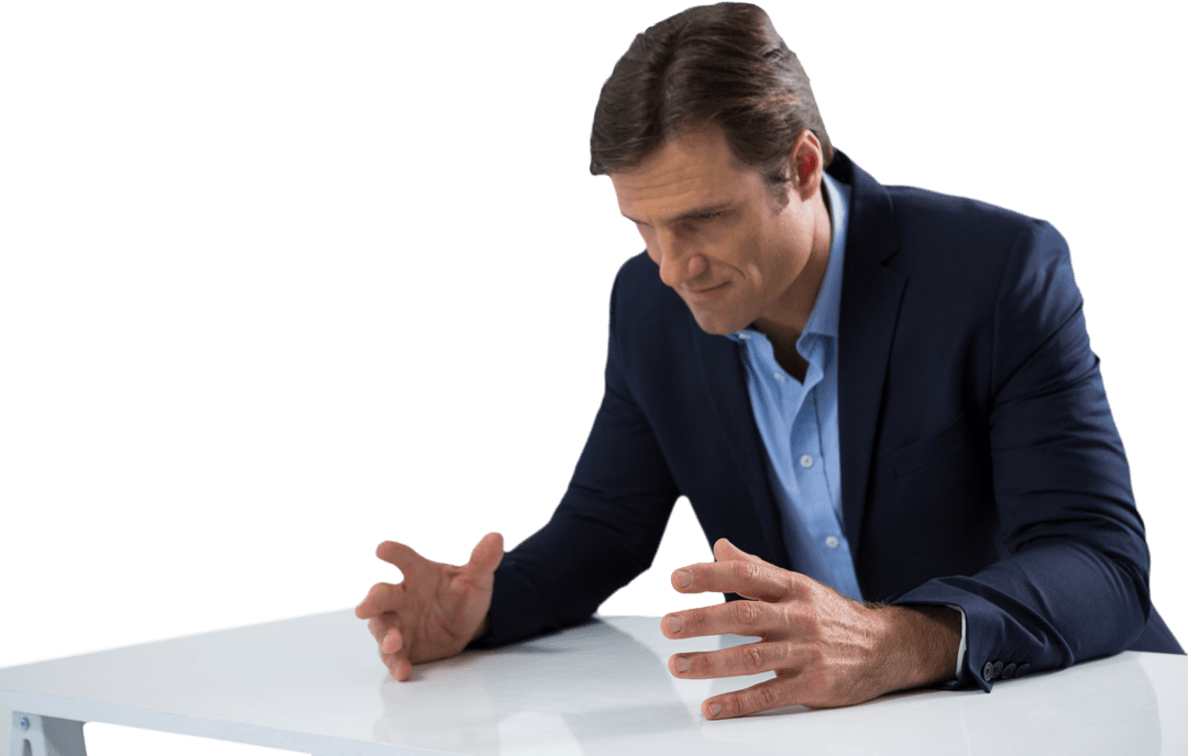 Transparent Emphatic Businessman Expressing Anger at Desk