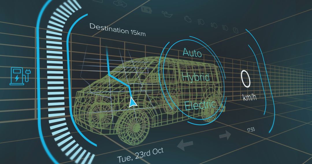 Digital Interface Displaying Electric Van with Futuristic HUD